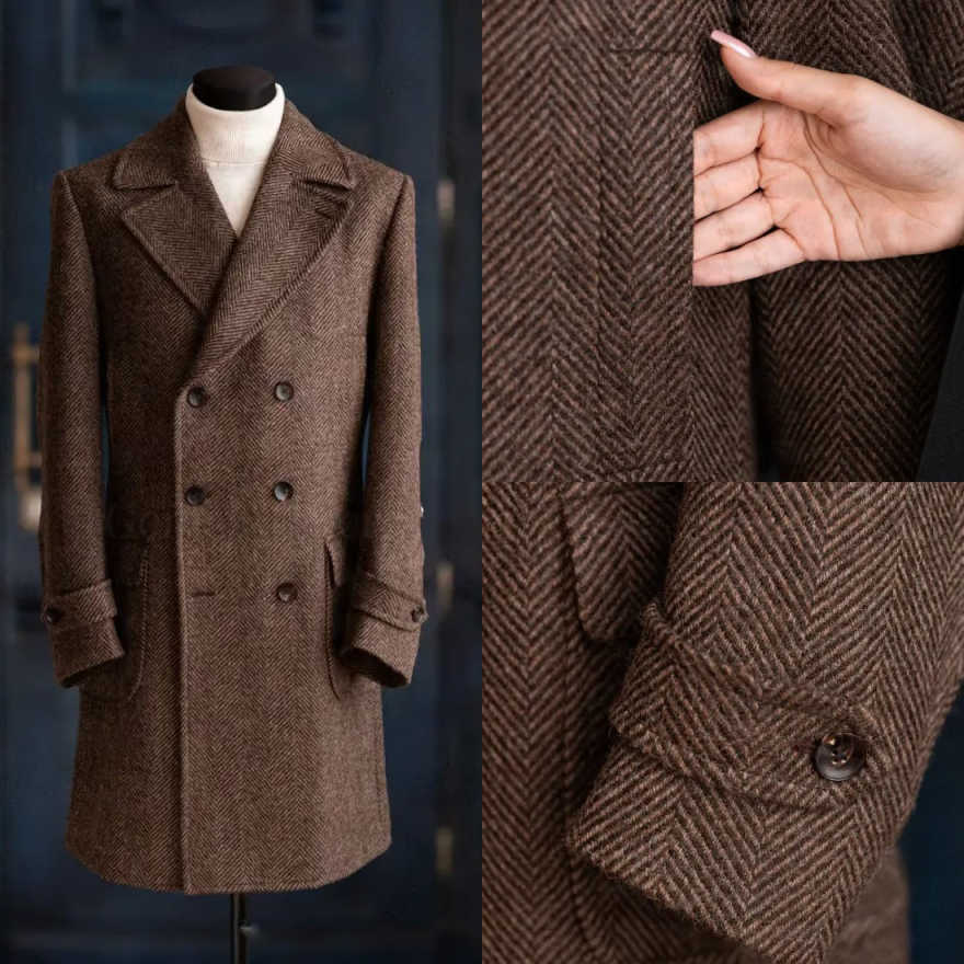 Men Formal Wear Modern - Nowoczesny męski płaszcz w jodełkę, jednolity,